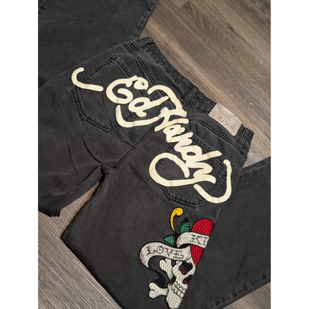 Ed Hardy Mens 28 Washed Black Wide Leg Jeans Embroidered Skull Heart WEHD8300-1